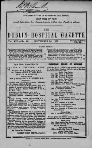 cover page of Dublin Hospital Gazette published on September 16, 1861