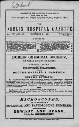 cover page of Dublin Hospital Gazette published on December 1, 1861