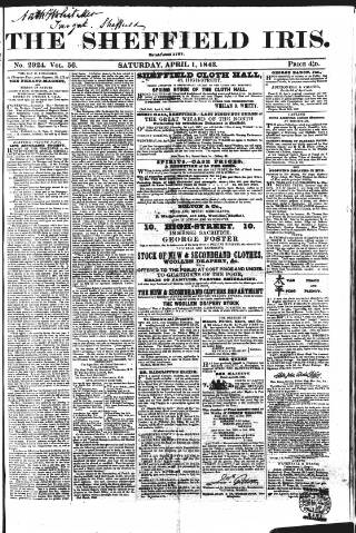 cover page of Sheffield Iris published on April 1, 1843