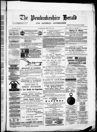 cover page of Pembrokeshire Herald published on June 13, 1879