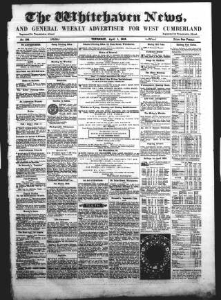 cover page of Whitehaven News published on April 1, 1858