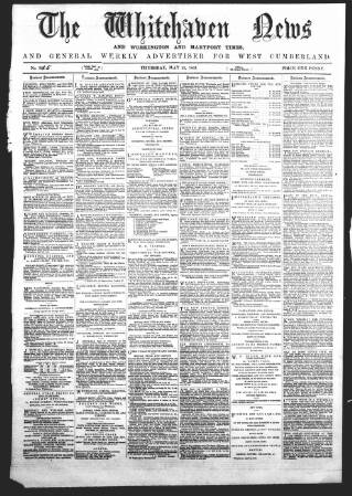 cover page of Whitehaven News published on May 22, 1862