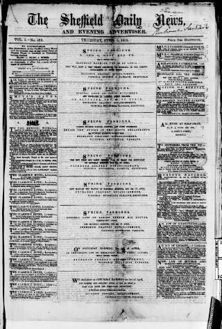 cover page of Sheffield Daily News published on April 1, 1858