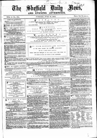 cover page of Sheffield Daily News published on June 28, 1859