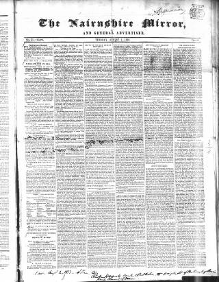 cover page of Nairnshire Mirror published on August 2, 1853