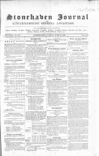 cover page of Stonehaven Journal published on June 13, 1848
