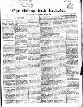 cover page of Downpatrick Recorder published on June 13, 1846