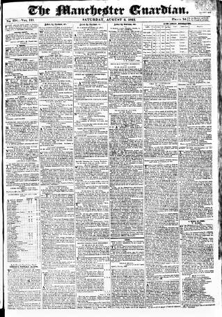 cover page of Manchester Guardian published on August 2, 1823