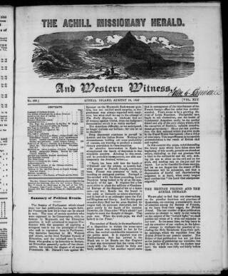 cover page of Achill Missionary Herald and Western Witness published on August 19, 1856