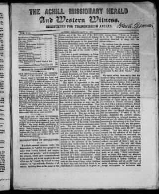 cover page of Achill Missionary Herald and Western Witness published on May 14, 1867