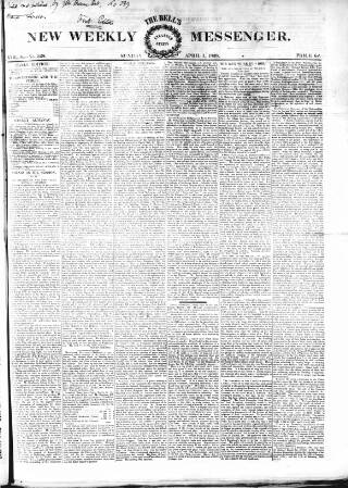 cover page of Bell's New Weekly Messenger published on April 1, 1838