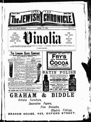 cover page of Jewish Chronicle published on April 17, 1896