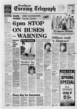 cover page of Scunthorpe Evening Telegraph published on April 1, 1985