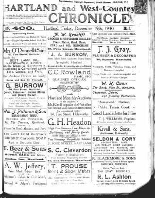 cover page of Hartland and West Country Chronicle published on December 19, 1930