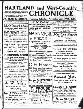 cover page of Hartland and West Country Chronicle published on November 2, 1935