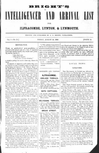 cover page of Bright's Intelligencer and Arrival List published on August 10, 1860