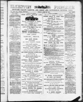 cover page of Ilkeston Pioneer published on April 12, 1889