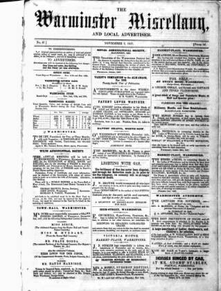 cover page of Warminster Miscellany, and Local Advertiser published on November 2, 1857