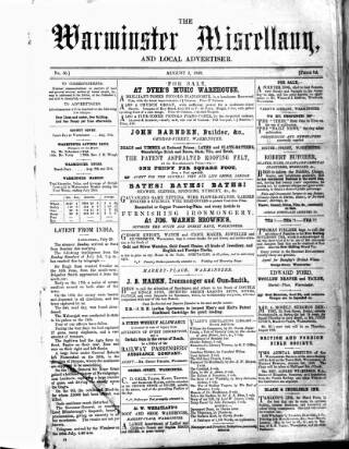 cover page of Warminster Miscellany, and Local Advertiser published on August 2, 1858