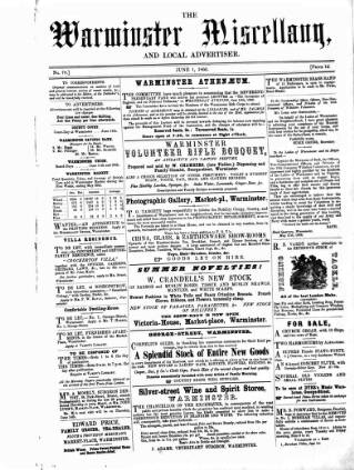 cover page of Warminster Miscellany, and Local Advertiser published on June 1, 1860