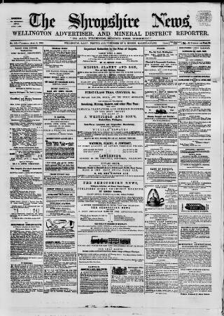 cover page of Shropshire News published on April 1, 1858