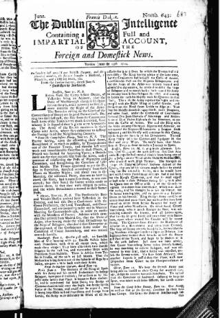 cover page of Dublin Intelligence published on June 13, 1710