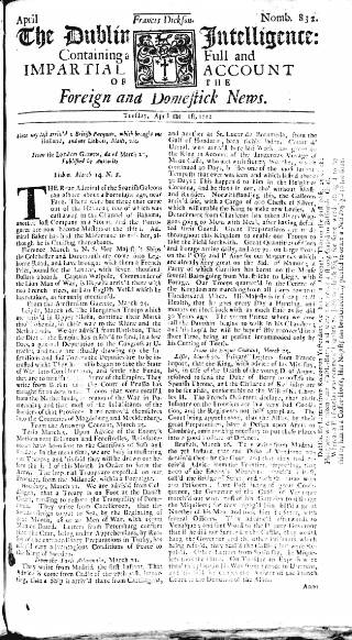 cover page of Dublin Intelligence published on April 1, 1712