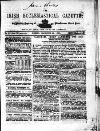cover page of Irish Ecclesiastical Gazette published on December 15, 1861