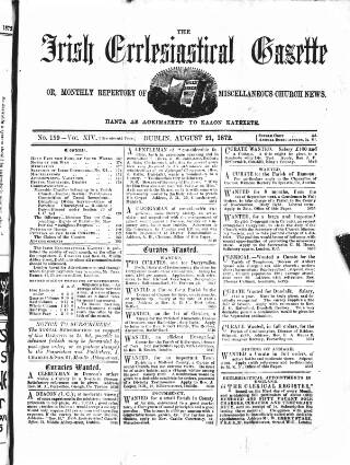 cover page of Irish Ecclesiastical Gazette published on August 21, 1872