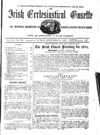 cover page of Irish Ecclesiastical Gazette published on September 22, 1873