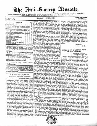 cover page of Anti-Slavery Advocate published on April 1, 1858