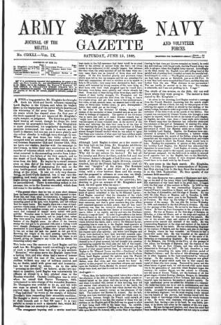 cover page of Army and Navy Gazette published on June 13, 1868