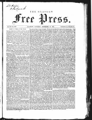 cover page of Glasgow Free Press published on September 22, 1860