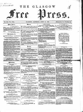 cover page of Glasgow Free Press published on June 13, 1863