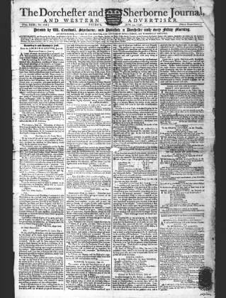 cover page of Dorchester and Sherborne journal, and Western Advertiser published on June 24, 1796