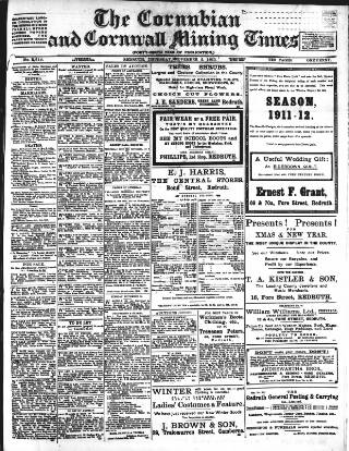 cover page of Cornubian and Redruth Times published on November 2, 1911