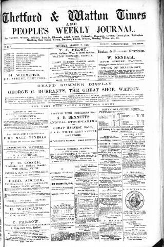cover page of Thetford & Watton Times published on August 2, 1884