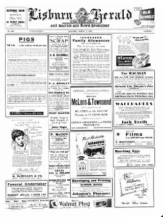 cover page of Lisburn Herald and Antrim and Down Advertiser published on August 2, 1952