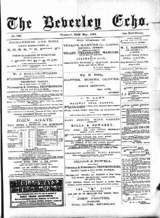 cover page of Beverley Echo published on May 22, 1894