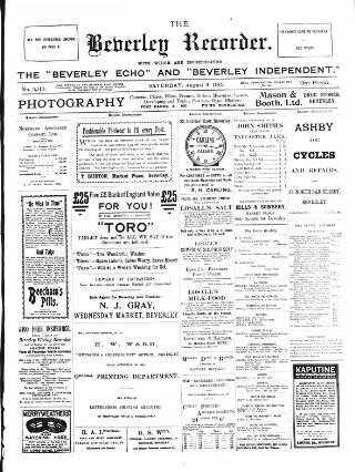 cover page of Beverley and East Riding Recorder published on August 2, 1913