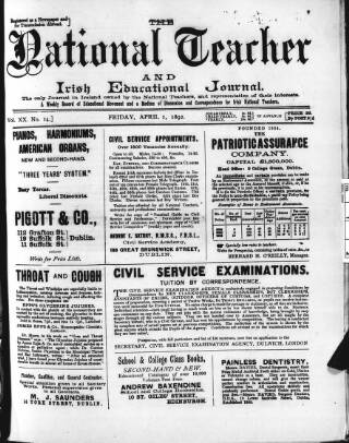 cover page of National Teacher (Dublin) published on April 1, 1892