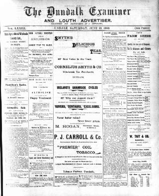 cover page of Dundalk Examiner and Louth Advertiser published on June 13, 1903