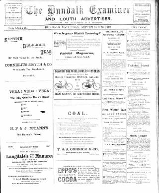 cover page of Dundalk Examiner and Louth Advertiser published on September 28, 1907