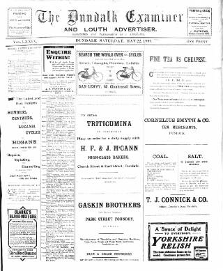 cover page of Dundalk Examiner and Louth Advertiser published on May 22, 1909
