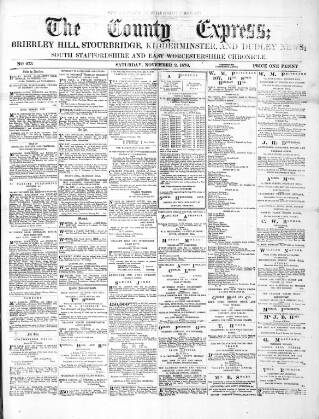 cover page of County Express; Brierley Hill, Stourbridge, Kidderminster, and Dudley News published on November 2, 1878