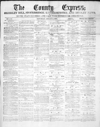 cover page of County Express; Brierley Hill, Stourbridge, Kidderminster, and Dudley News published on August 2, 1879