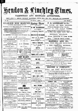 cover page of Hendon & Finchley Times published on April 1, 1882