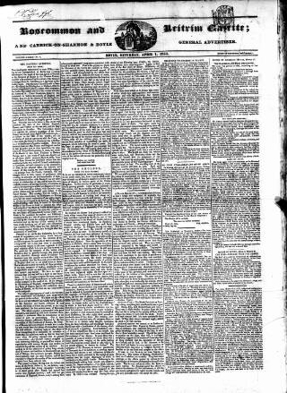 cover page of Roscommon & Leitrim Gazette published on April 1, 1854