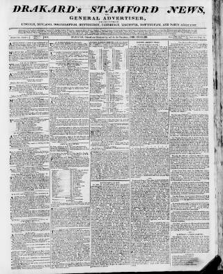 cover page of Drakard's Stamford News published on April 1, 1814