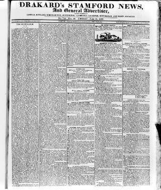 cover page of Drakard's Stamford News published on June 13, 1823
